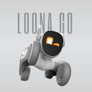 Loona Go smart pet robot with expressive glowing eyes and a sleek white and grey four-wheeled design.